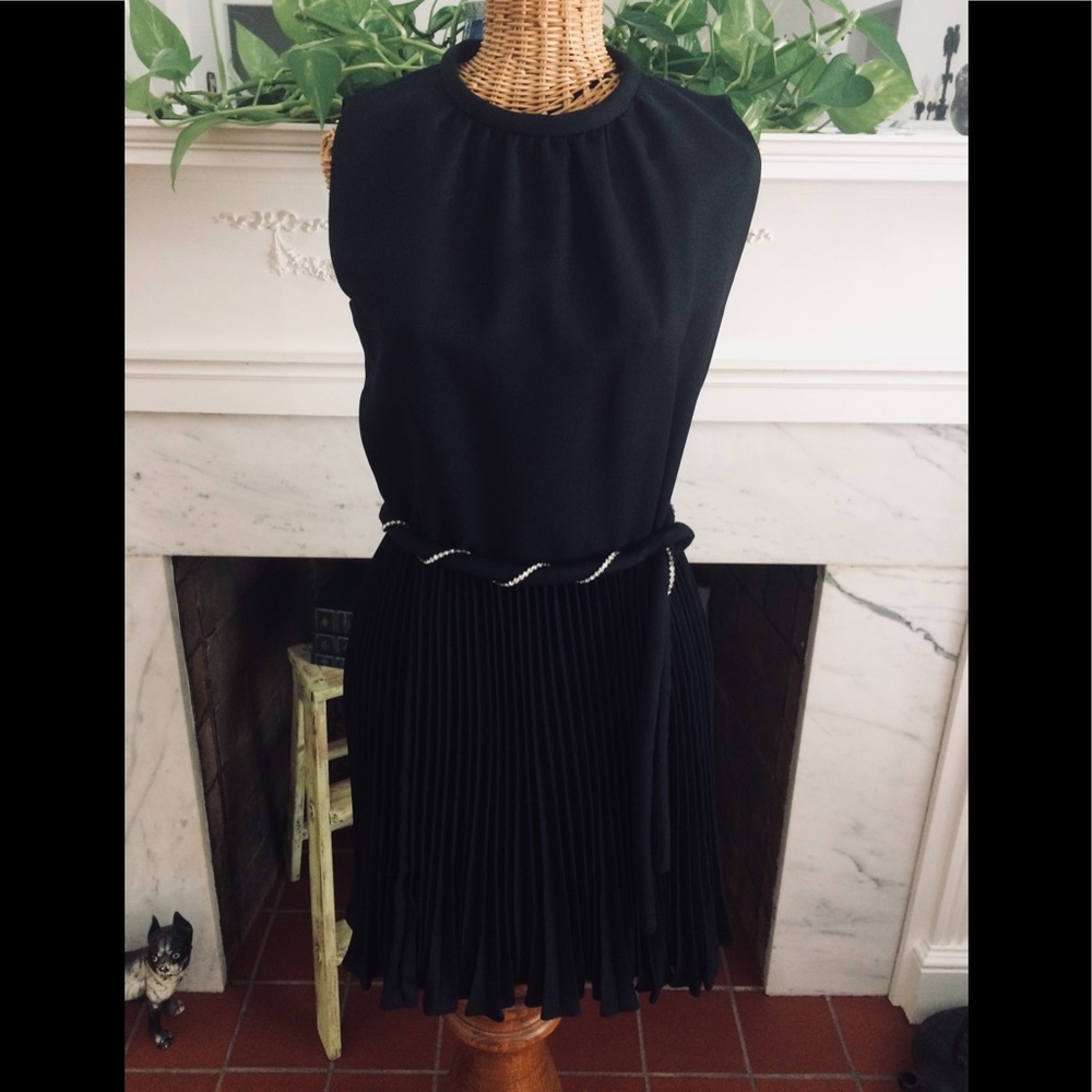 Vintage Black Dress Pleated Skirt Rhinestone Belt